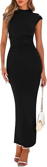 Women's Summer Maxi Dress Ruched Bodycon Sleeveless Evening Dresses